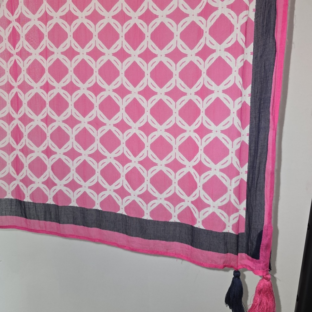 Crown & Ivy Long Pink Mosaic Printed Scarf Tassels Navy Preppy Women Lightweight - Picture 5 of 5